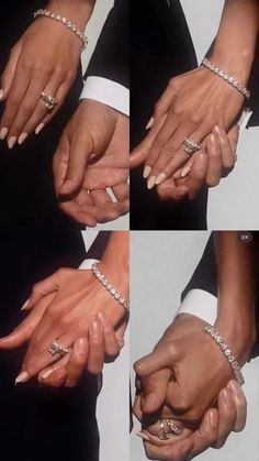 four different pictures of hands with rings on their fingers and one holding the other's hand