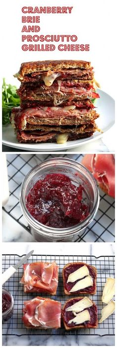 some food is sitting on top of a rack and in front of it are pictures of sandwiches with cranberry sauce