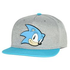 a sonic the hedgehog hat with blue brimmed visor and an angry face