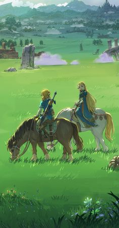 two people riding horses in a green field