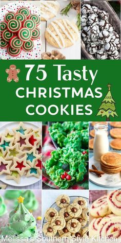 christmas cookies with the words 75 tasty christmas cookies on it and pictures of decorated cookies