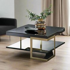 Tate Contemporary Black Glass ; Gold Metal Coffee Table - 90 cm Decor Books, Gold Coffee Table, Square Top, Work Place, Metal Coffee Table, Contemporary Interiors, Bold Black, Modern Elegance, Everyday Essentials