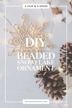 two pine cones and some white flowers with the words diy beaded snowflake ornament