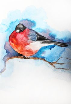 a watercolor painting of a red bird sitting on a branch with blue sky in the background