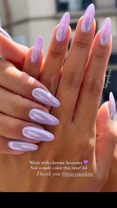 Lavender Chrome Nails French Tip, Metallic Lilac Nails, Light Purple Chrome Nails Almond, Lilac Chrome Nails Almond, Chrome Nails Lavender, Pastel Purple Chrome Nails, Square Lavender Nails, Violet Chrome Nails, Cool Toned Nails