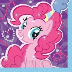 a pinkie pony with blue eyes and a party hat on it's head