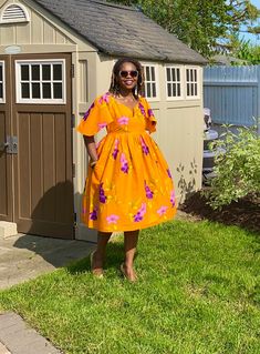 "Elegant African Dress comes with side seam pockets. This our very cute summer dress is made to order from African fabric, 100 % cotton. Please include your bust and waist measurements for a more accurate fitting (if your measurements are different from the listings below). MEASUREMENT GUIDE: US \"2\" /UK \"6\" XXS Bust:31 Waist: 26 Hips: 34 US \"4\"/ UK \"8\" XS - Bust:32 Waist: 28 Hips: 36 US \"6\"/ UK \"10\" S - Bust:34 Waist: 30 Hips: 38 US \"8\"/ UK \"12\" M - Bust:36 Waist: 32 Hips: 40 US Spring Midi Length Dresses With Side Pockets, Spring Midi Dress With Side Pockets, Yellow Knee-length Dresses With Pockets, Yellow Midi Dress With Pockets, Orange Short Sleeve Dress With Pockets, Fit And Flare Midi Dress, Cute Floral Dress, Dress With Flutter Sleeves, Womens Boho Dresses