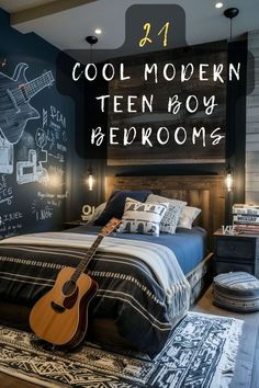 a bed room with a guitar on the headboard and a chalk board wall behind it