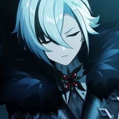 an anime character with white hair and red eyes wearing a black coat, standing in front of a dark background