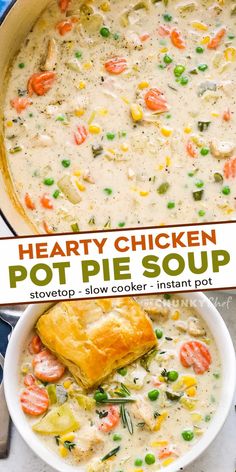 two bowls filled with hearty chicken pot pie soup