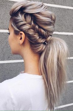 wedding hairstyles for long hair elegant braid and straight blonde ponytail lenabogucharskaya Prom Ponytail Hairstyles, Wedding Ponytail Hairstyles, Wedding Ponytail, Elegant Ponytail, Blonde Ponytail, Braided Ponytail Hairstyles, Trending Hairstyles, Wedding Hairstyles For Long Hair