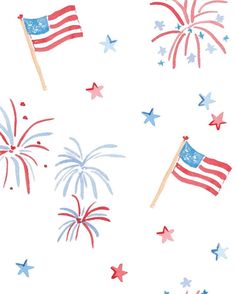 an american flag and fireworks on a white background with red, white and blue stars