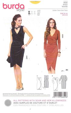 a women's dress and top sewing pattern from burda style, with an asymmetrical neckline