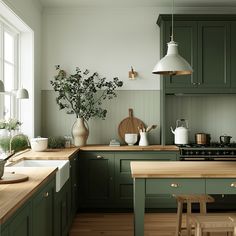 a kitchen with green cabinets and wooden counter tops, an island in the middle is surrounded by potted plants