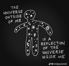 a chalk drawing of a man with the words, the universe outside of me is a reflection of the universe inside me