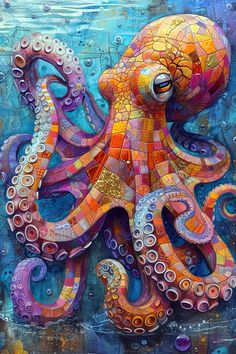 an octopus is painted in bright colors and it looks like he's floating on the water