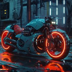 a futuristic motorcycle with glowing wheels on the street