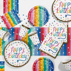 colorful birthday party supplies with confetti and streamers