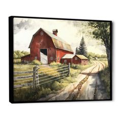 a painting of a red barn on a country road