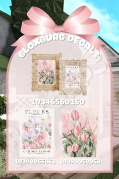 an advertisement for a flower shop with pink flowers on the front and side of it