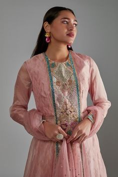 Rose pink organza anarkali with floral embroidered yoke and sleeve hem. Comes with dash ikat Banarasi embroidered palazzo and Mukaish net dupatta. - Aza Fashions Organza Anarkali, Payal Singhal, Women Kurta, Palazzo Set, Net Dupatta, Dyeing Process, Set Women, Scalloped Hem, Rose Pink