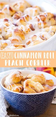 this easy cinnamon roll peach cobbler is the perfect dessert to serve for breakfast or brunch