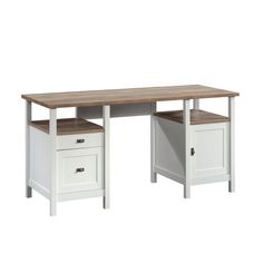 a white desk with two drawers and a wooden top