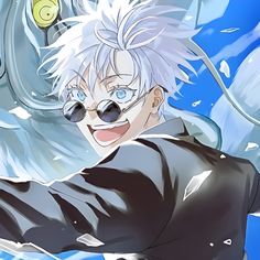 an anime character with white hair and blue eyes pointing at something in the air above his head