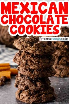 Mexican chocolate cookies in stack; another stack of cookies is in background as well as cinnamon sticks and chocolate chips Mexican Chocolate Cookies, Chili Spice, Mexican Cookies, Mexican Chili, Spicy Chocolate, Chocolate Chili, Chili Spices, Mexican Chocolate, Fresh Baked Cookies