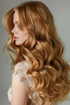 A glossy serum finish on long wavy hair creates a mirror-like shine, reflecting light with every movement for a mesmerizing effect. Blonde Hair Transformations, Honey Blonde Hair, Strawberry Blonde Hair, Golden Hair, Long Wavy Hair, Strawberry Blonde, Hair Transformation, Model Hair