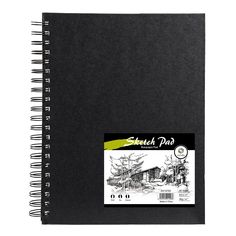 a black spiral notebook with the words sketch pad written on it and an image of a house