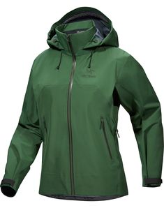 a women's green jacket with hood and zippers