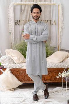 Shop for Runit Gupta Grey Pure Cotton Geometric Embroidered Kurta Set for Men Online at Aza Fashions Runit Gupta, Embroidered Tree, Cutdana Work, Cotton Tree, Tree Embroidery, Kurta Set For Men, Geometric Embroidery, Kurta Set, Full Sleeves