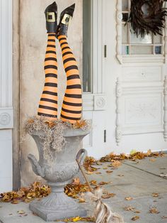 the legs of a woman in striped stockings and black shoes are sticking out of a planter