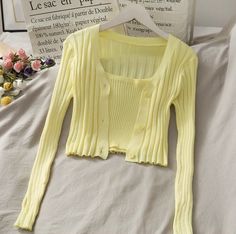 Formal Attire For Men, Cardigan Set, Cardigan Crop Top, Yellow Cardigan, Korean Fashion Dress, Ribbed Tank Top, Family Fashion, Ribbed Tank, Teenage Fashion Outfits