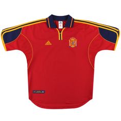 a red jersey with yellow and blue stripes on the chest, in front of a white background