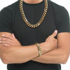 Make an outfit that much more spectacular with this set. A unique multi-link strand has been expertly crafted from premium grade, stainless steel finished in rich yellow gold. This standout chunky wave design gives any outfit the finishing touch it needs. Make An Outfit, Miami Cuban Link Chain, Guitars For Sale, Gold Chains For Men, Automatic Watches For Men, Gold Ring Designs, Miami Cuban, Stylish Necklace, High Tide