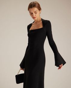 The Black Square Neck Flare Sleeve Midi Dress & Reviews - Black - Dresses | RIHOAS Tailored Clothes, Bodycon Midi Dress, Fall Fits, Black Long Sleeve Dress, Sleeve Midi Dress, Bodycon Midi, Long Sleeve Midi, Black Square, Long Sleeve Midi Dress