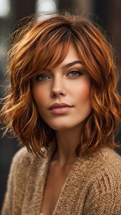 Trendy Tousled Bob with Bright Fall Hair Colors Copper Ombre 2024 🌊 Fall Hair Colours 2024, Copper And Gold Hair, Short Copper Red Hair, Caramel Copper Hair, Copper Bob Hair, Dynamic Hair, Bright Copper Hair, Maroon Highlights, Fall Hair Colors Copper