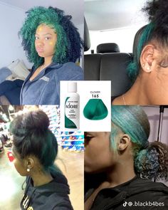 Color Combo Hair Dye, Colors To Dye My Hair, Pretty Hair Dye Ideas, Hair Color Combinations For Black Women, Blue Hair On Curly Hair, Hair Dyes For Black Hair, Blue Dye Hair, Dark Green Hair Black Women, Green Skunk Stripe Curly Hair