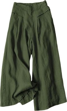 Women's Elastic Waist Wide Leg Cropped Palazzo Culottes with Pockets, S High Waist Solid Color Baggy Capris, Summer Cotton Solid Color Capris, Summer Solid Color Cotton Capris, Summer Cotton Khaki Capris, Summer Khaki Cotton Capris, Green Ankle-length Capris For Summer, Green Summer Capris, Green Ankle-length Summer Capris, Green Wide Leg Capris For Summer