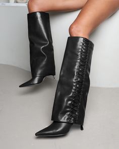 The new season is all about editorial style looks and our Axis fold over boots are giving just that. Designed with a pointed toe, laced detailing and a classic folded-over knee fit, we love styling these with an oversized coat and mini skirt for a silhouette that can't be beat. - Heel measures approximately 3.5 inches/ 9cm - Faux leather upper - Model wears UK 6 / EU 39 / US 8 - Fits true to size Fold Over Boots, Laced Boots, Oversized Coat, Fold Over, Womens Heels, Stiletto Heel, Lace Detail, Black Lace, Knee High