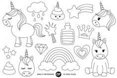 unicorns and rainbows with stars, hearts, and clouds in black and white