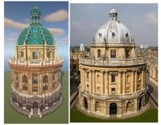 two different views of an old building and the same one with a green dome on top