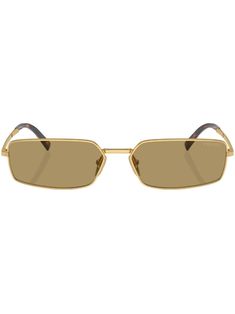 gold-tone metal rectangle frame tinted lenses nose pads straight arms curved tips logo print at the lens These glasses come with a protective case. Gold Rectangular Sunglasses With Mirrored Lenses, Gold Rectangular Sunglasses With Tinted Lenses, Gold Rectangular Tinted Sunglasses, Gold Rectangular Sunglasses With Gradient Lenses, Gold Rectangular Sunglasses For Formal Occasions, Formal Gold Rectangular Sunglasses, Prada Eyewear, Rectangle Frame, Chanel 2