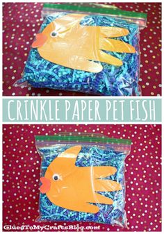 two bags filled with blue rice and orange fish on top of each bag are labeled crinkle paper pets