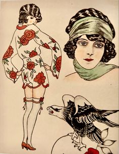 an old fashion drawing of two women in dresses and one with a bird on her shoulder