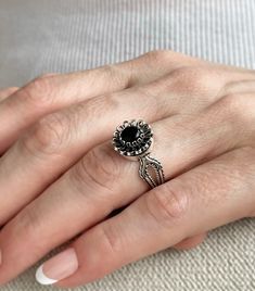 "This delicate yet detailed lace dainty flower design 925 Sterling silver ring with black onyx gemstone will bring your femininity to life. Perfect for daily use, it is the ideal accessory for parties and special occasions such as weddings, engagements, proms, or any other celebrity events. The simple but elegant design makes it a gift option for holidays and birthdays, as well as Christmas, mother`s day and any other occasion you can think of! This is the perfect ring for any occasion. The intr Black Dainty Ring As Gift, Dainty Adjustable Black Ring, Dainty Black Ring For Gift, Dainty Black Ring As Gift, Dainty Black Ring Jewelry, Dainty Black Adjustable Rings, Adjustable Black Dainty Ring, Black Spinel Ring Jewelry For Gift, Black Spinel Ring Jewelry Gift