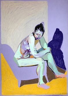 a painting of a woman sitting on a bench in front of a purple and yellow background