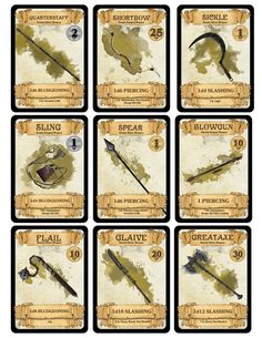 six cards with different types of items in each card, including swords and other things